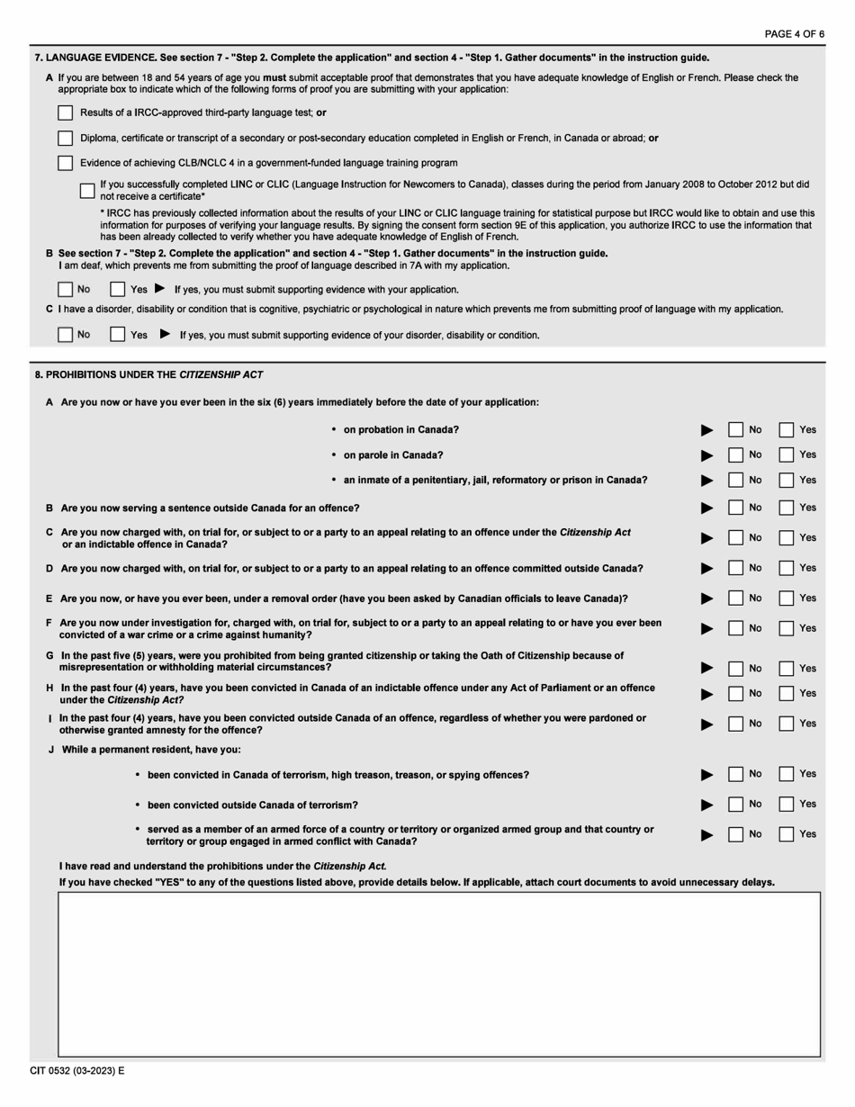 Form CIT0532 Application for Canadian Citizenship - Adults - Canadian Armed Forces Under Subsection 5(1) - Canada, Page 4