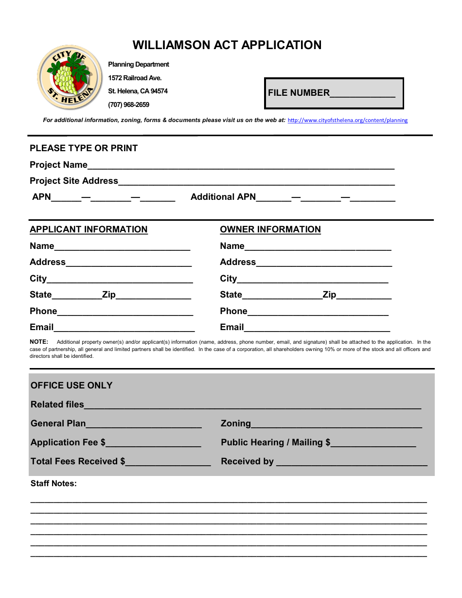 City of St. Helena, California Williamson Act Application Fill Out