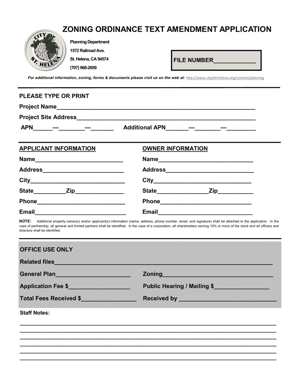 Zoning Ordinance Text Amendment Application - City of St. Helena, California, Page 1