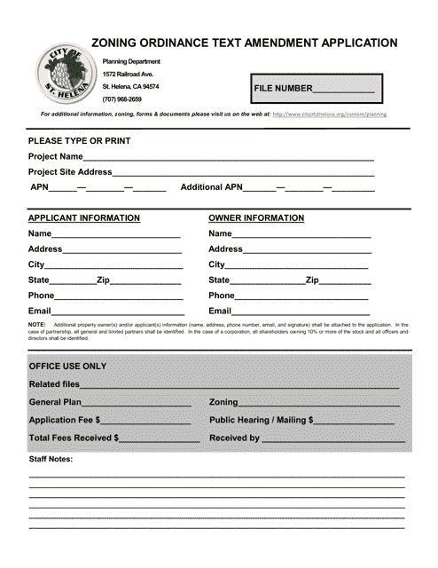 Zoning Ordinance Text Amendment Application - City of St. Helena, California Download Pdf