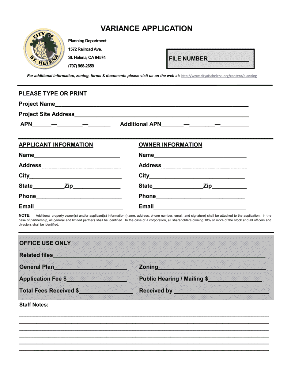 City Of St Helena California Variance Application Fill Out Sign Online And Download Pdf 6883