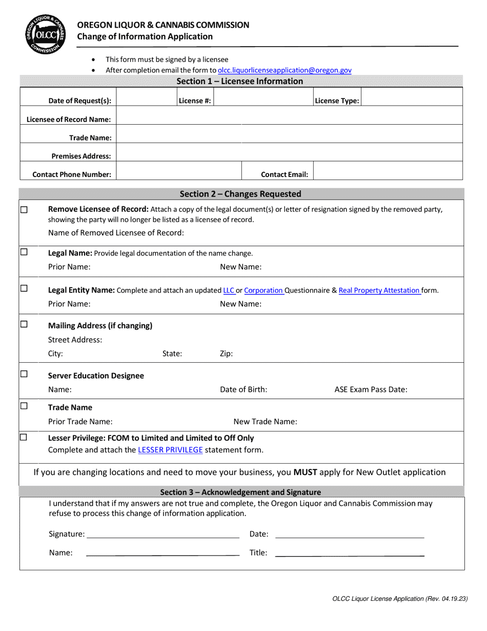 Change of Information Application - Oregon, Page 1
