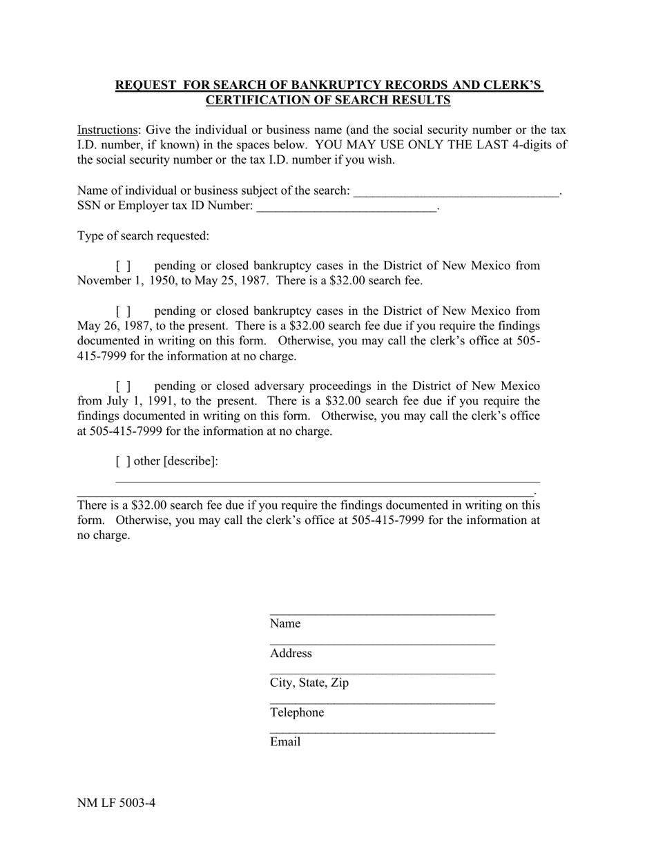 Form NM LF5003-4 Request for Search of Bankruptcy Records and Clerks Certification of Search Results - New Mexico, Page 1