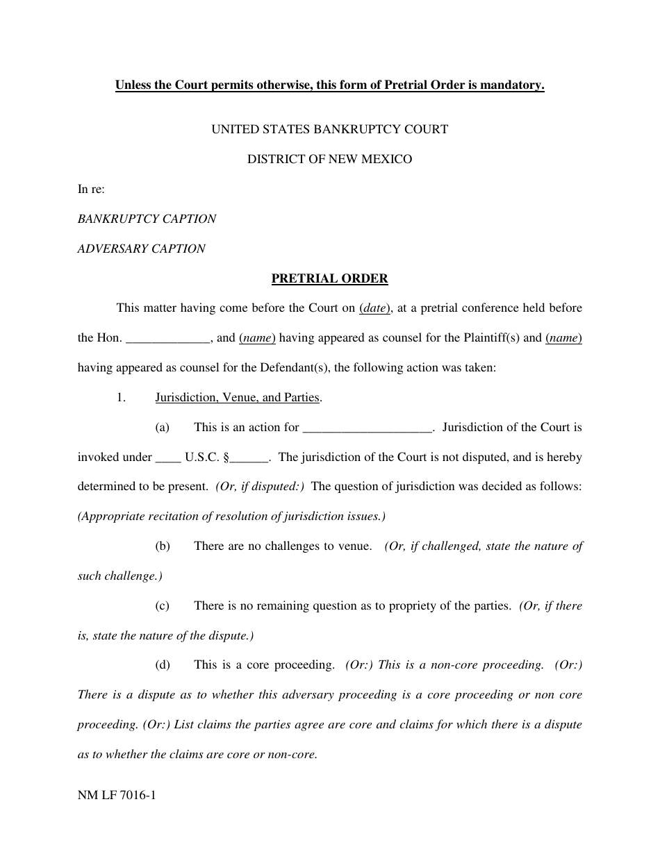 Form NM LF7016-1 Pretrial Order - New Mexico, Page 1