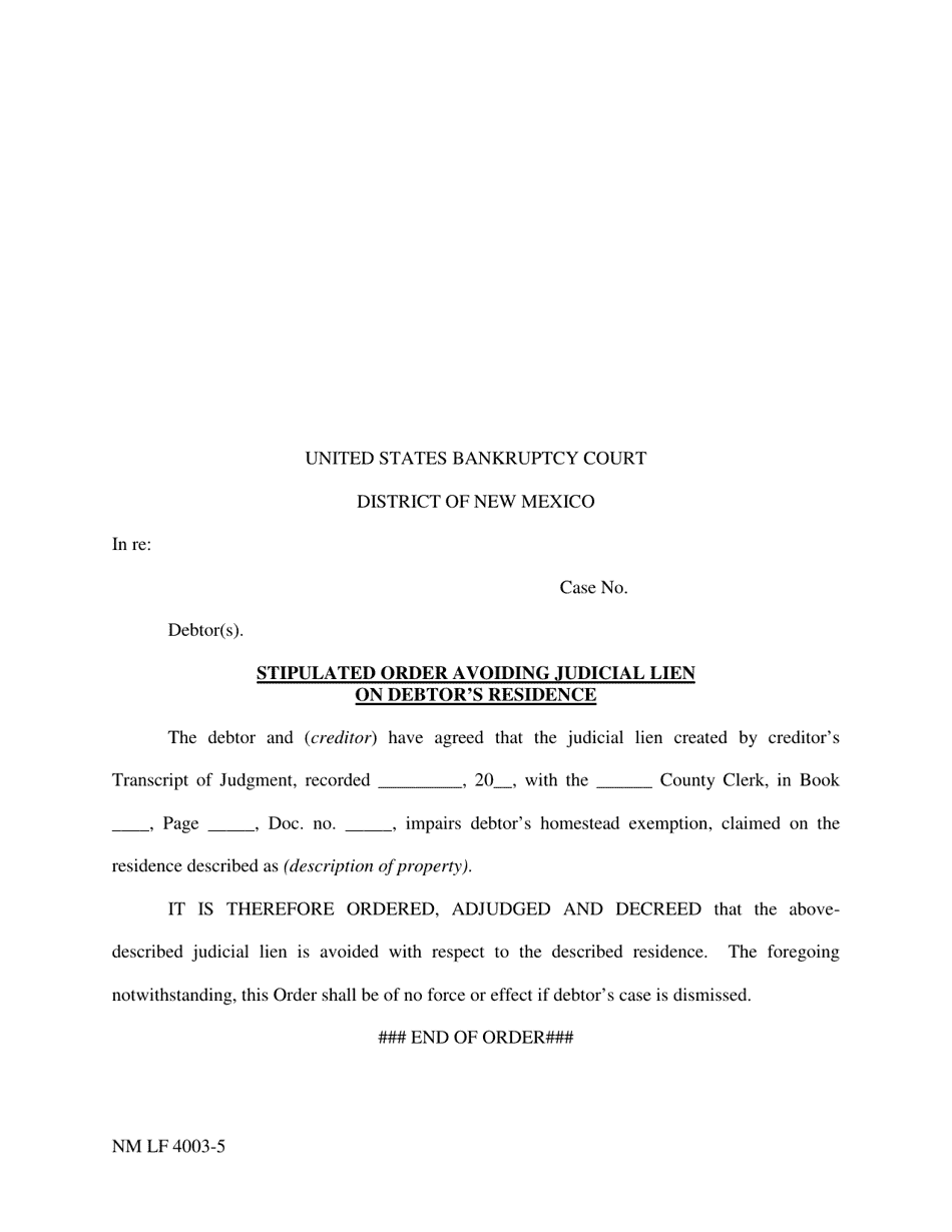 Form NM LF4003-5 Stipulated Order Avoiding Judicial Lien on Debtors Residence - New Mexico, Page 1