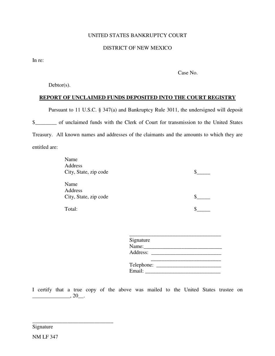 Form NM LF347 Report of Unclaimed Funds Deposited Into the Court Registry - New Mexico, Page 1