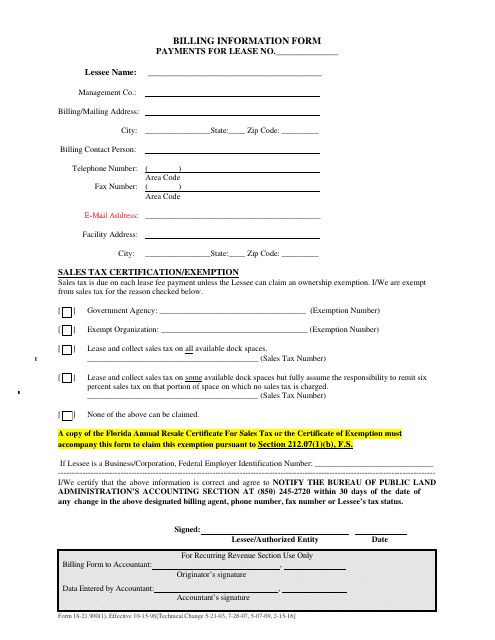 DEP Form 18-21.900(1) Billing Information Form - Florida