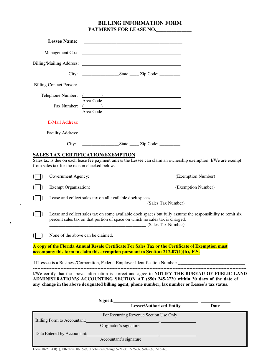 DEP Form 18-21.900(1) Billing Information Form - Florida, Page 1