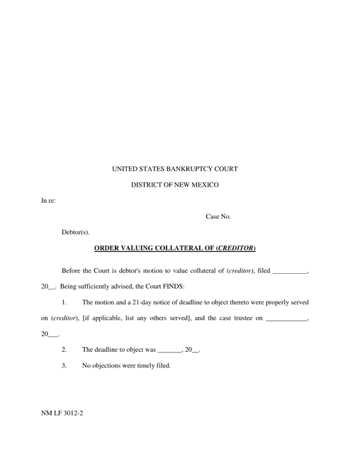 Form NM LF3012-2 Order Valuing Collateral of (Creditor) - New Mexico