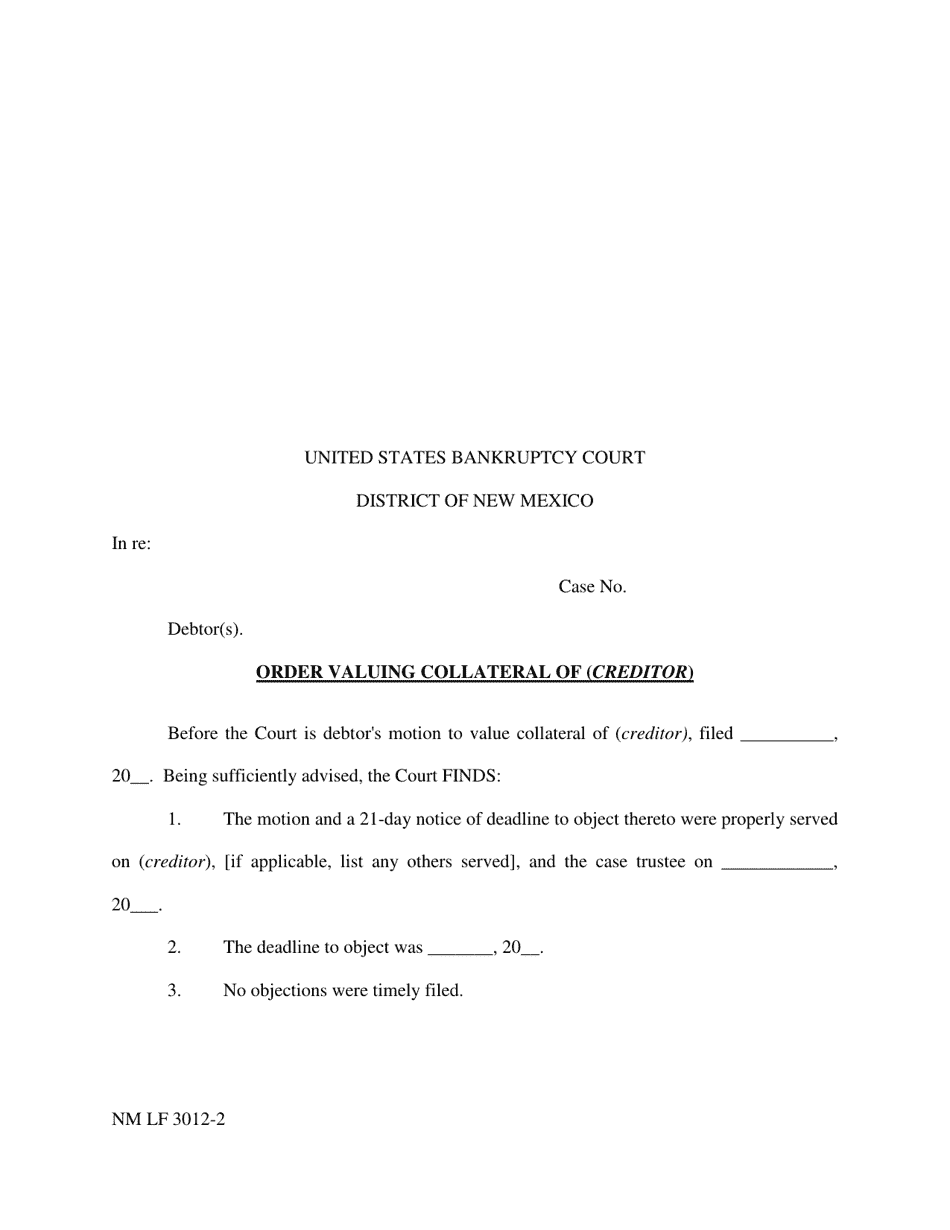 Form NM LF3012-2 Order Valuing Collateral of (Creditor) - New Mexico, Page 1