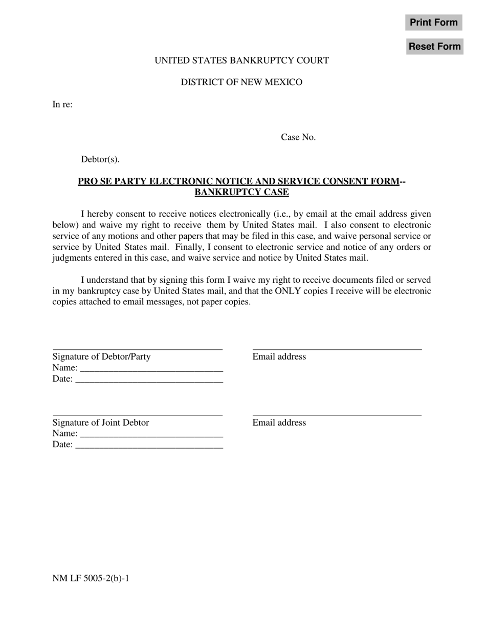 Form NM LF5005-2(B)-1 Pro Se Party Electronic Notice and Service Consent Form - Bankruptcy Case - New Mexico, Page 1