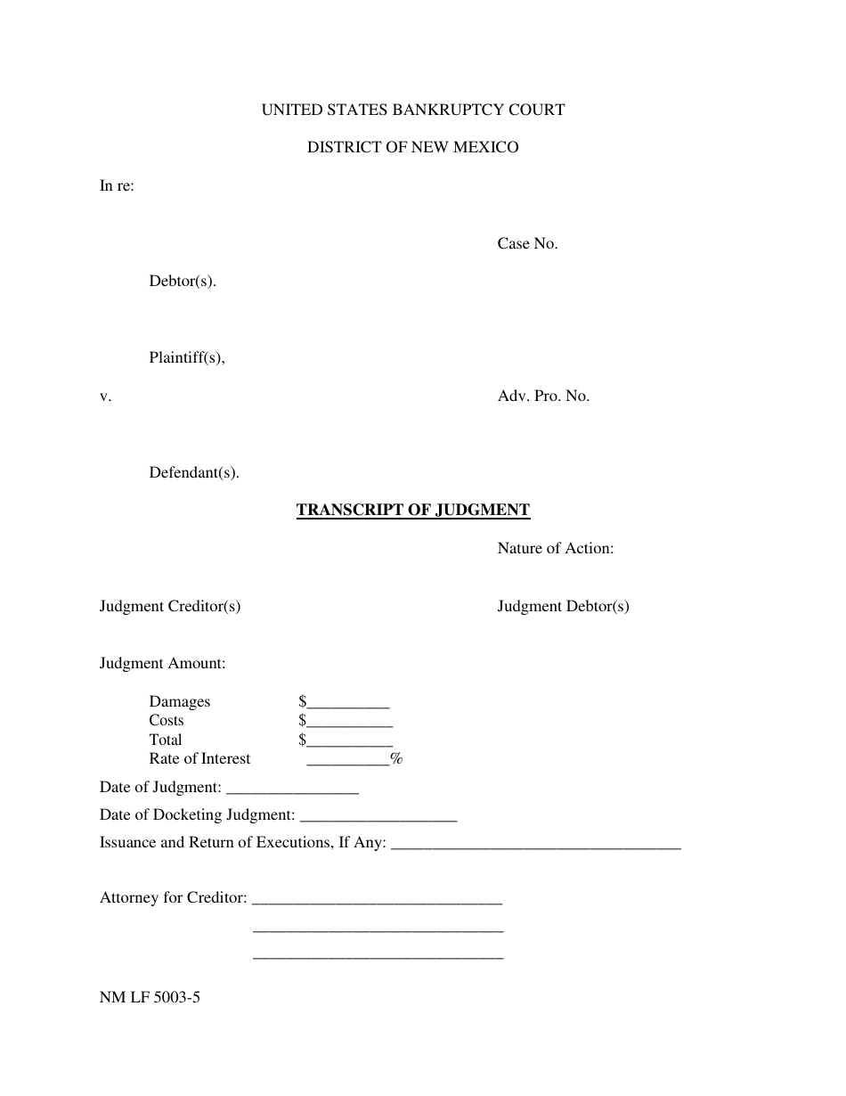 Form NM LF5003-5 Transcript of Judgment - New Mexico, Page 1