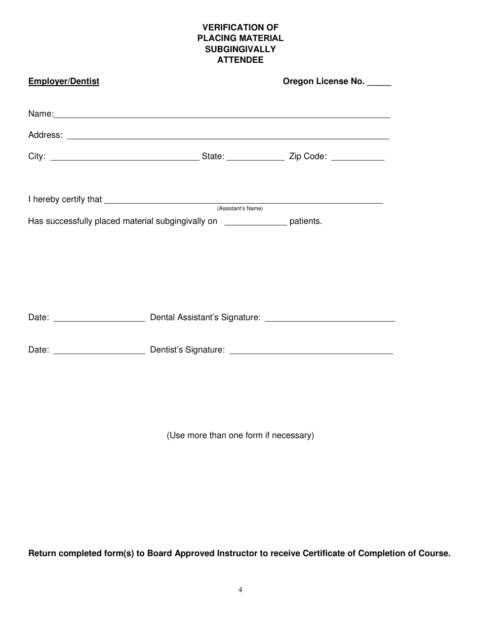Application for Approval as Instructor in Placing Material Subgingivally - Oregon, Page 4