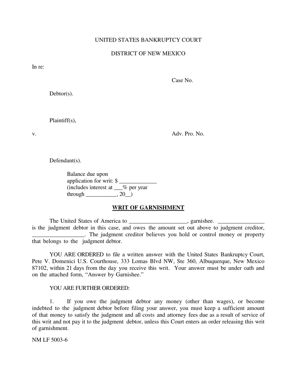 Form NM LF5003-6 Writ of Garnishment - New Mexico, Page 1