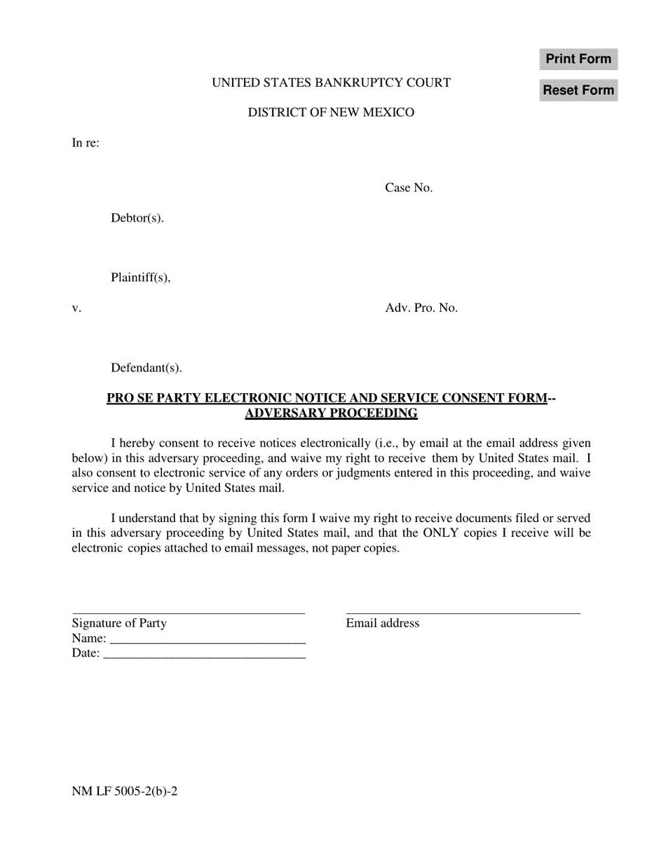 Form NM LF5005-2(B)-2 Pro Se Party Electronic Notice and Service Consent Form - Adversary Proceeding - New Mexico, Page 1