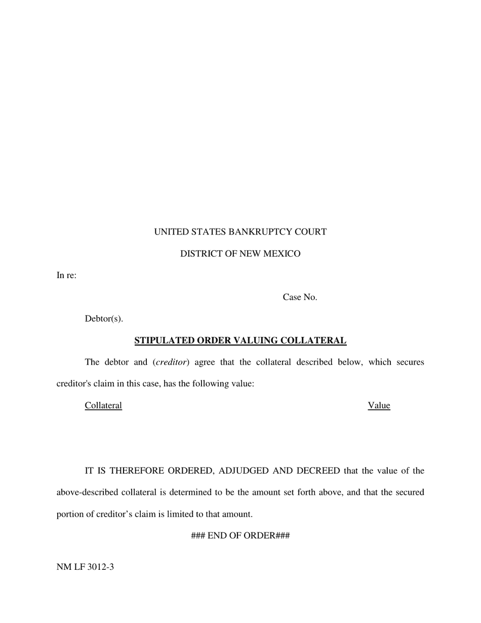 Form NM LF3012-3 Stipulated Order Valuing Collateral - New Mexico, Page 1