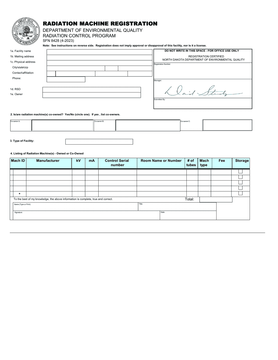 Form SFN8428 Radiation Machine Registration - North Dakota, Page 1