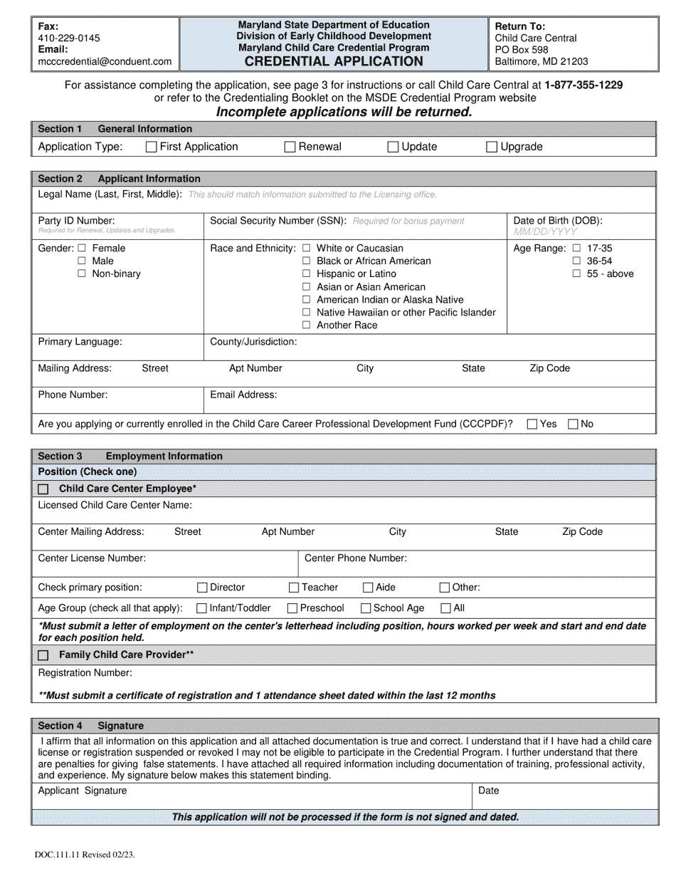 Form DOC.111.11 Credential Application - Maryland Child Care Credential Program - Maryland, Page 1