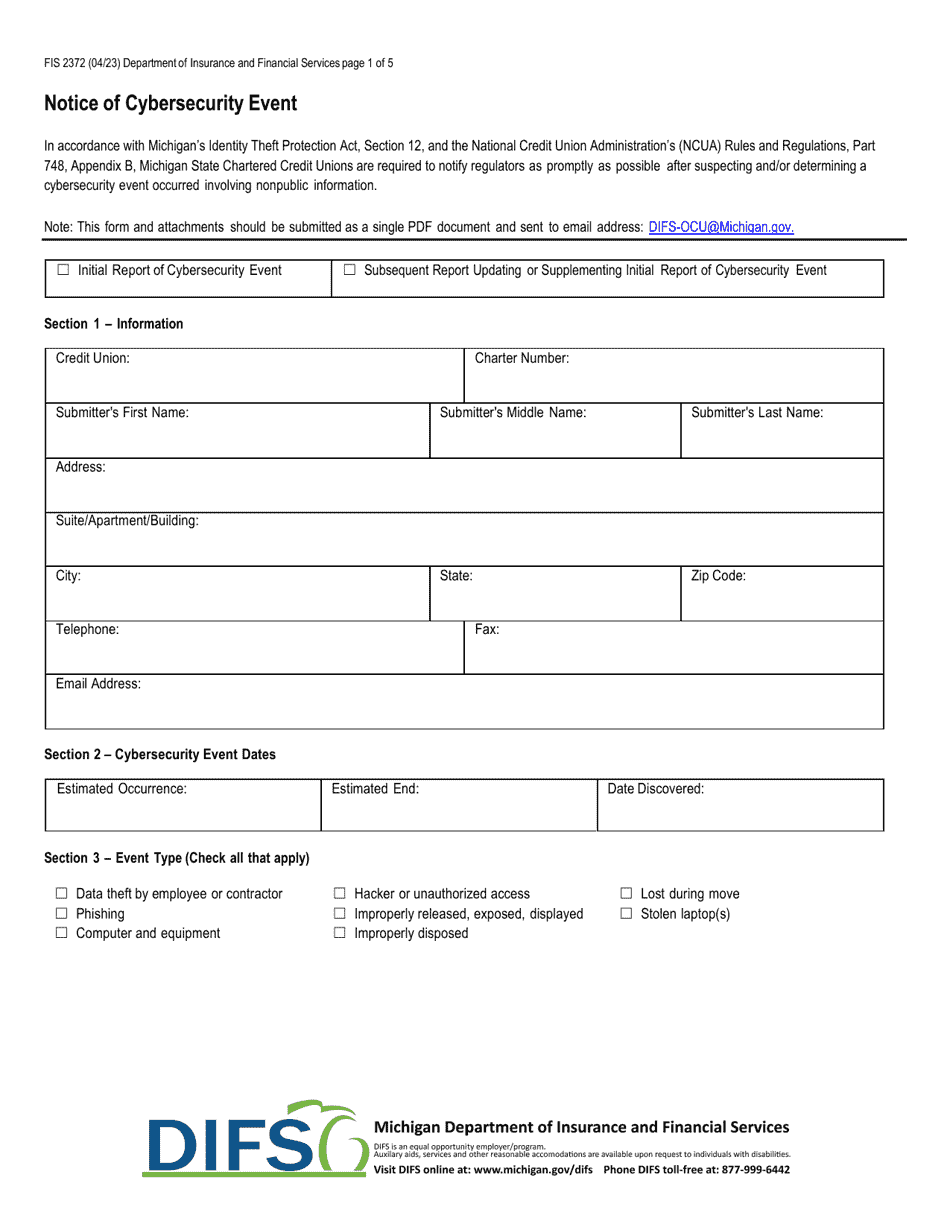Form FIS2372 Notice of Cybersecurity Event - Michigan, Page 1