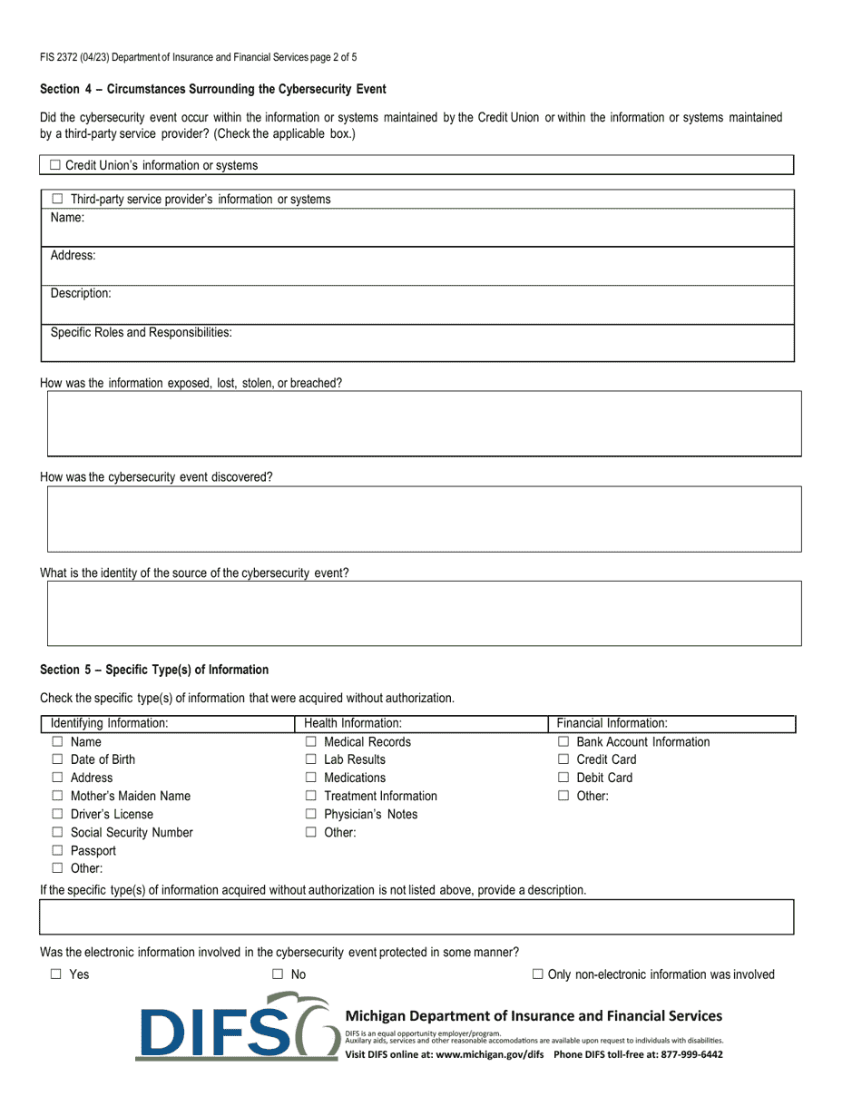 Form FIS2372 Notice of Cybersecurity Event - Michigan, Page 2