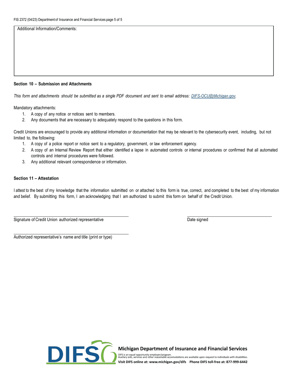 Form FIS2372 Notice of Cybersecurity Event - Michigan, Page 5