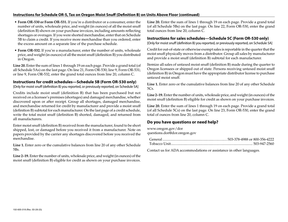 Form 150-605-018 Schedule OR-5 Tax on Moist Snuff (Definition B) on Units Above Floor - Oregon, Page 3