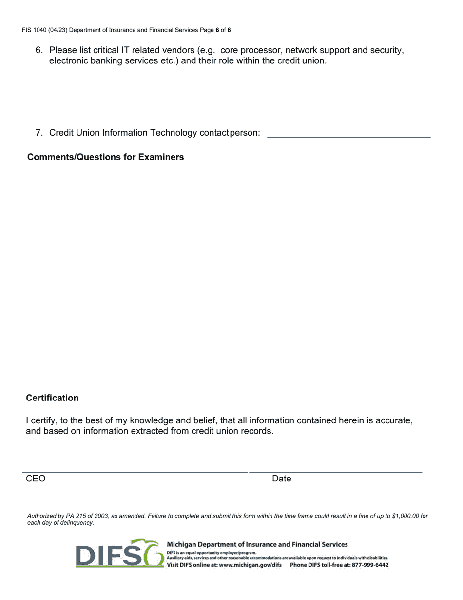 Form FIS1040 Pre-examination Inquiry - Michigan, Page 6