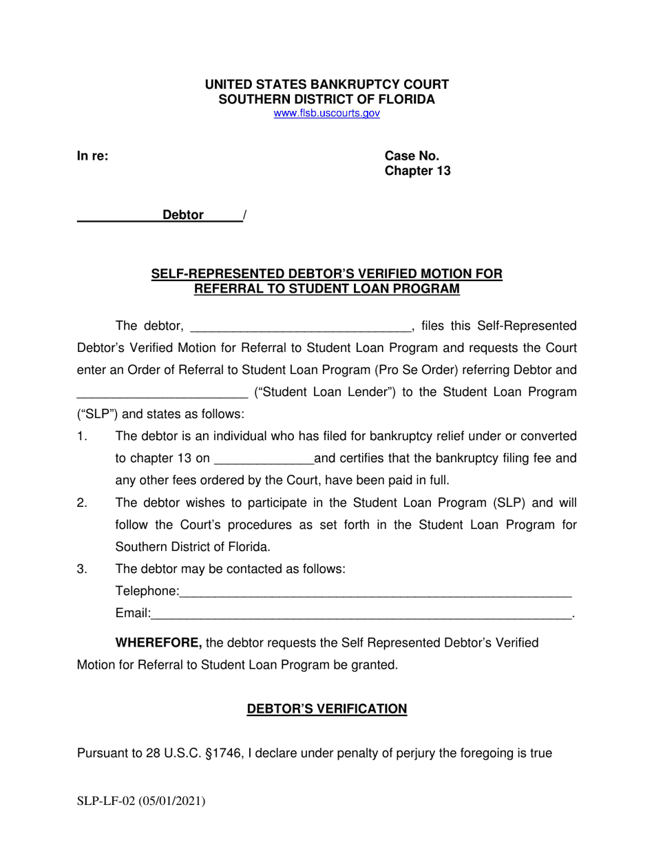 Form SLP-LF-02 Self-represented Debtors Verified Motion for Referral to Student Loan Program - Florida, Page 1