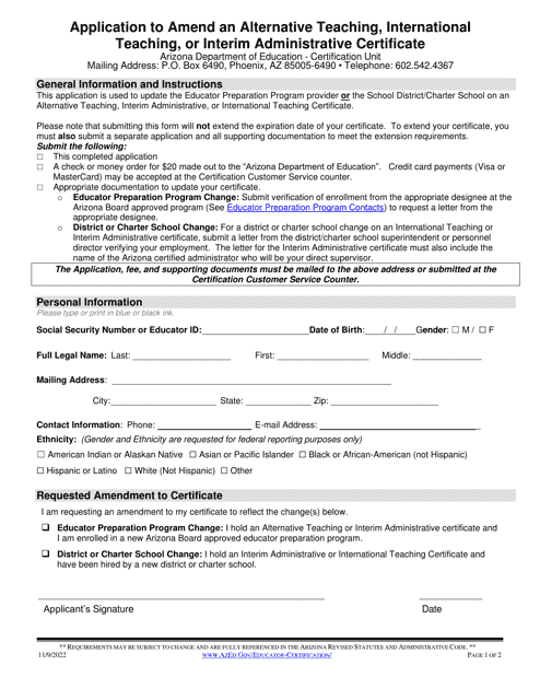 Application to Amend an Alternative Teaching, International Teaching, or Interim Administrative Certificate - Arizona Download Pdf