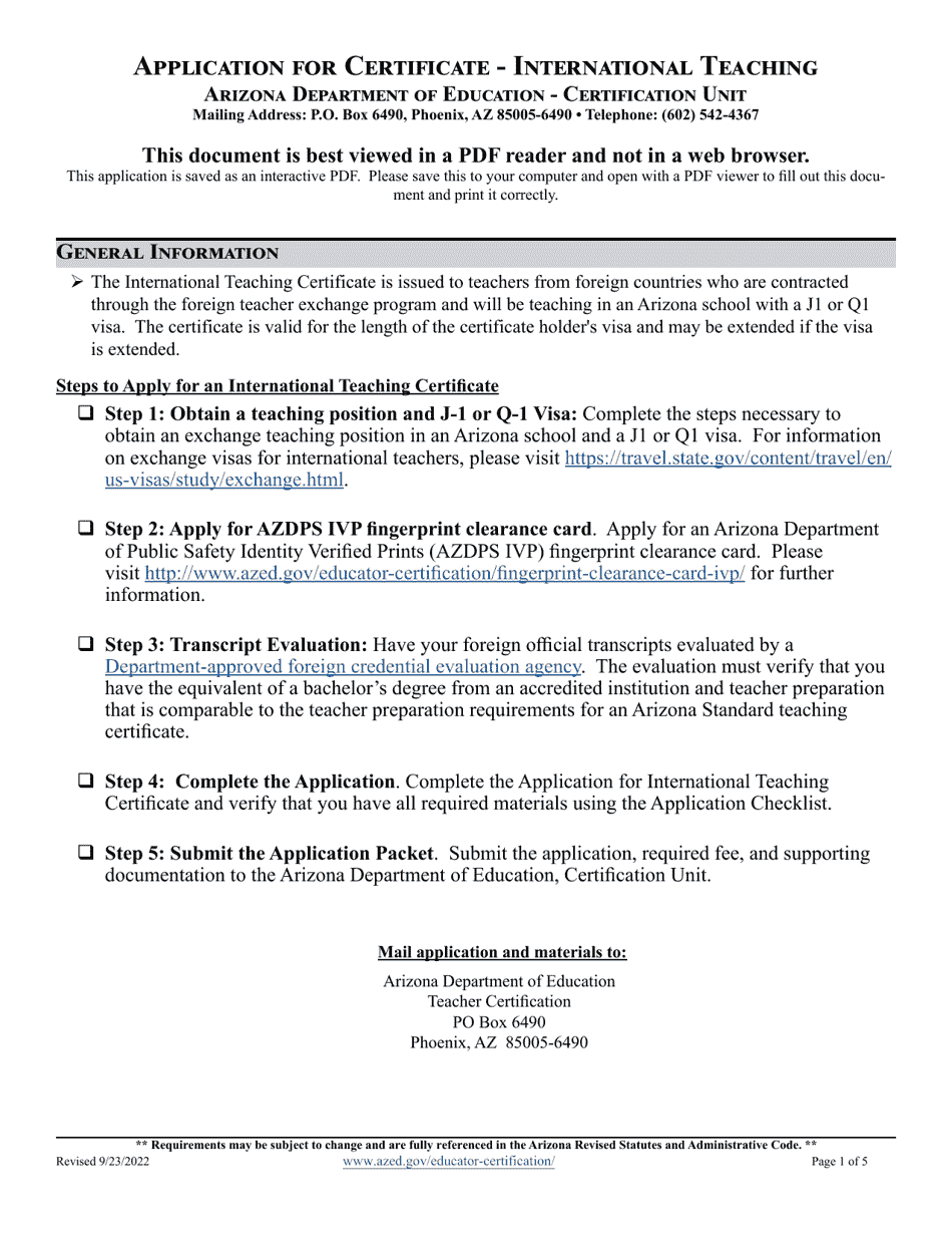 Application for Certificate - International Teaching - Arizona, Page 1