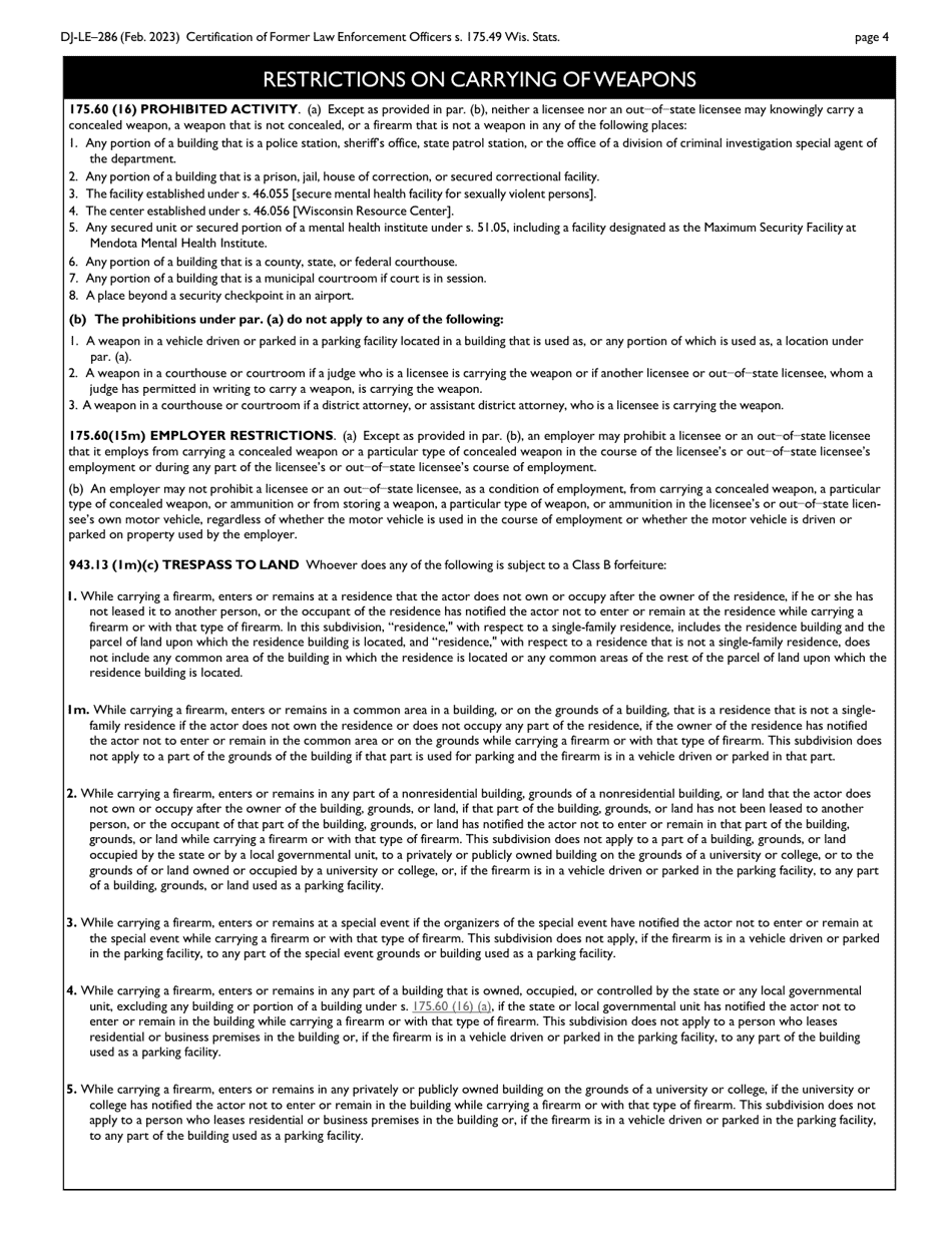 Form DJ-LE-286 Former Law Enforcement Officer Concealed Firearm Certification Application - Wisconsin, Page 4