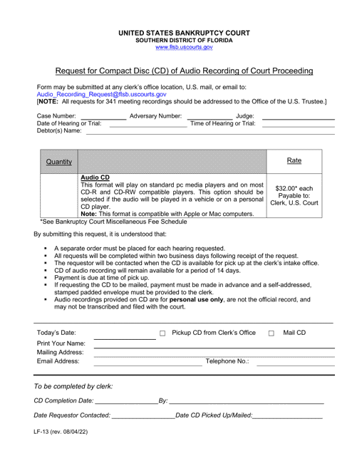 Form LF-13 Request for Compact Disc (Cd) of Audio Recording of Court Proceeding - Florida