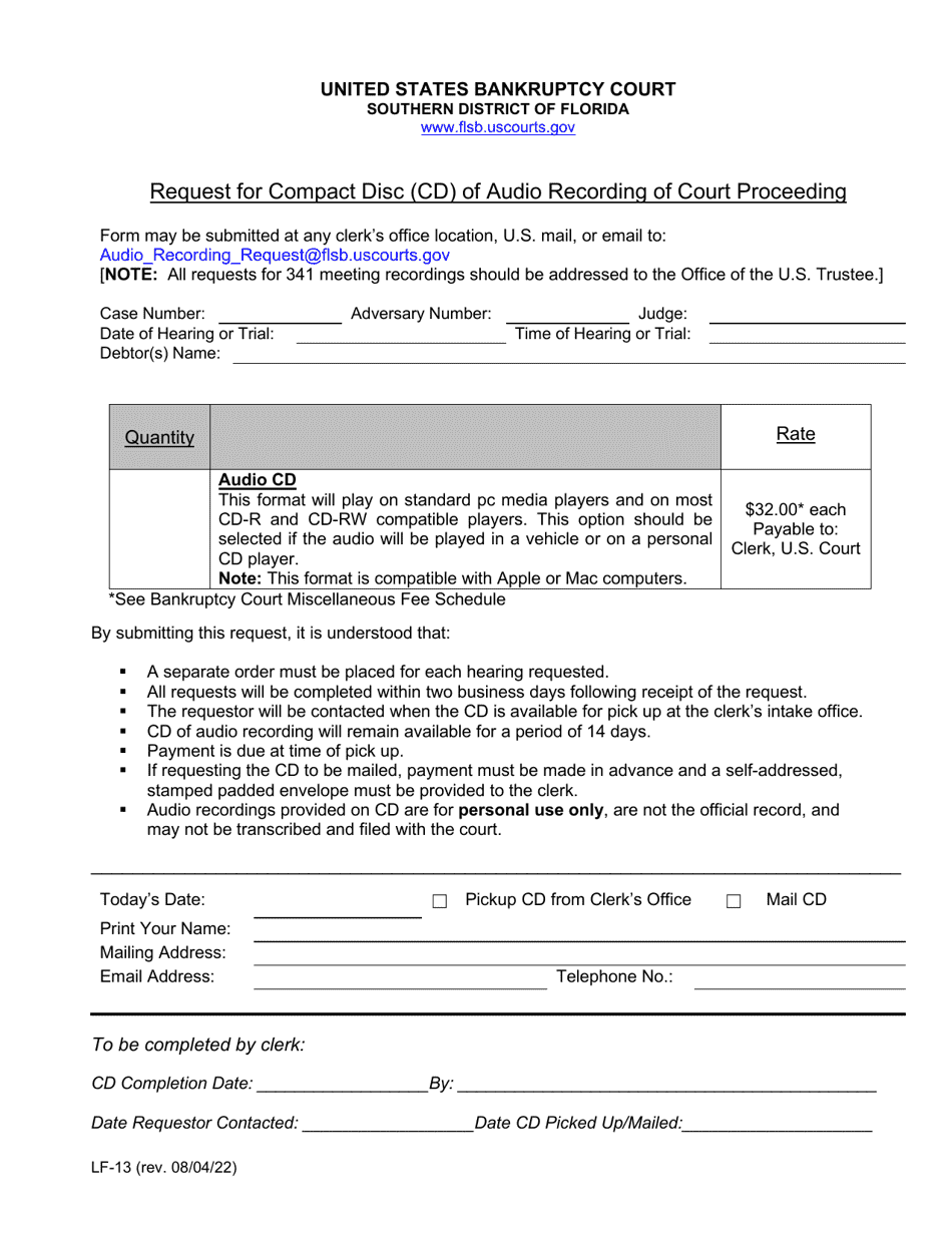 Form LF-13 Request for Compact Disc (Cd) of Audio Recording of Court Proceeding - Florida, Page 1