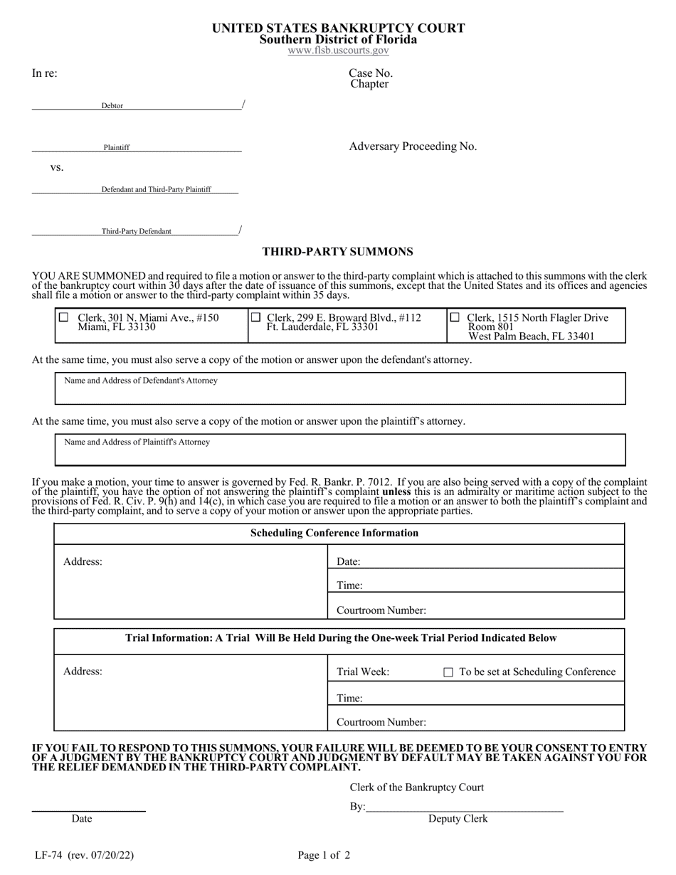 Form LF-74 Third-Party Summons - Florida, Page 1