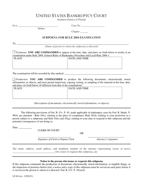 Form LF-84 Subpoena for Rule 2004 Examination - Florida