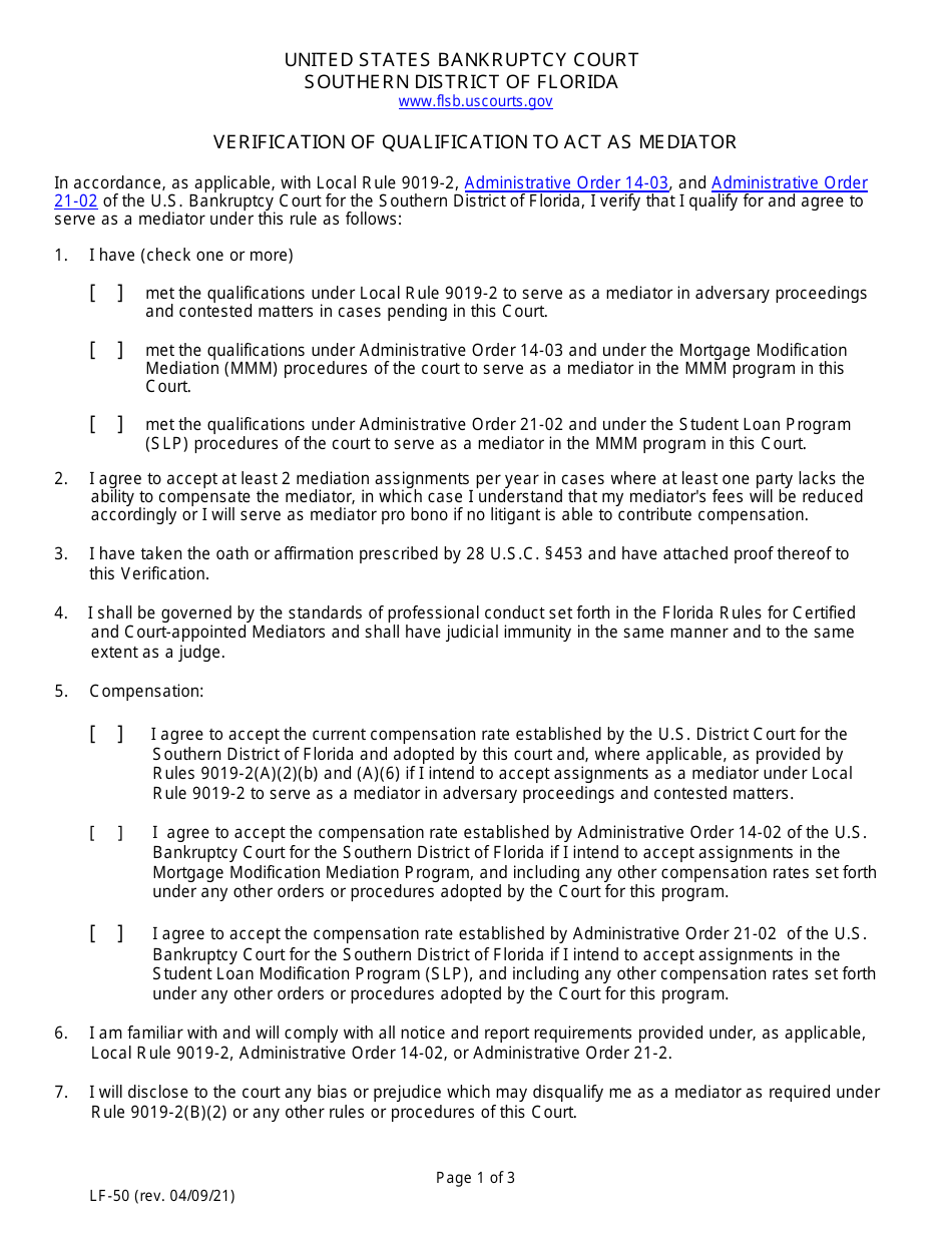 Form LF-50 Verification of Qualification to Act as Mediator - Florida, Page 1