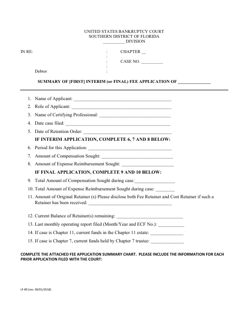 Form LF-89 Summary of [first] Interim (Or Final) Fee Application - Florida
