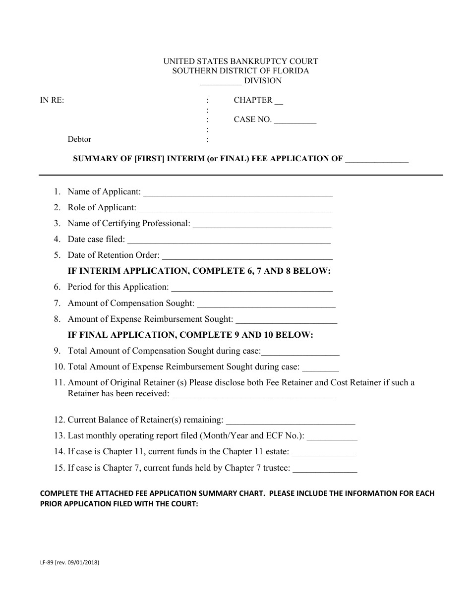 Form LF-89 Summary of [first] Interim (Or Final) Fee Application - Florida, Page 1