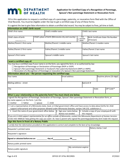 Application for Certified Copy of a Recognition of Parentage, Spouse's Non-parentage Statement or Revocation Form - Minnesota Download Pdf