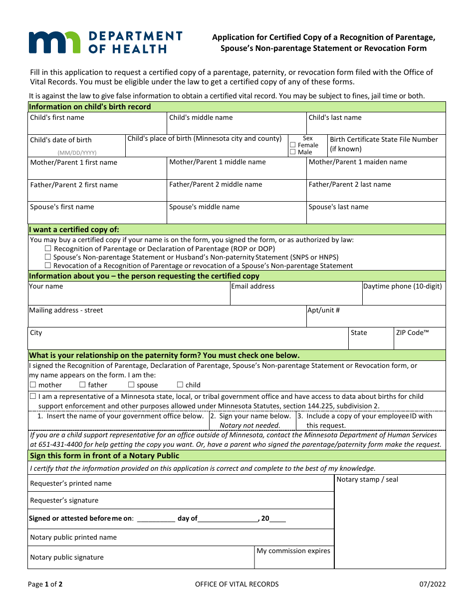 Application for Certified Copy of a Recognition of Parentage, Spouses Non-parentage Statement or Revocation Form - Minnesota, Page 1