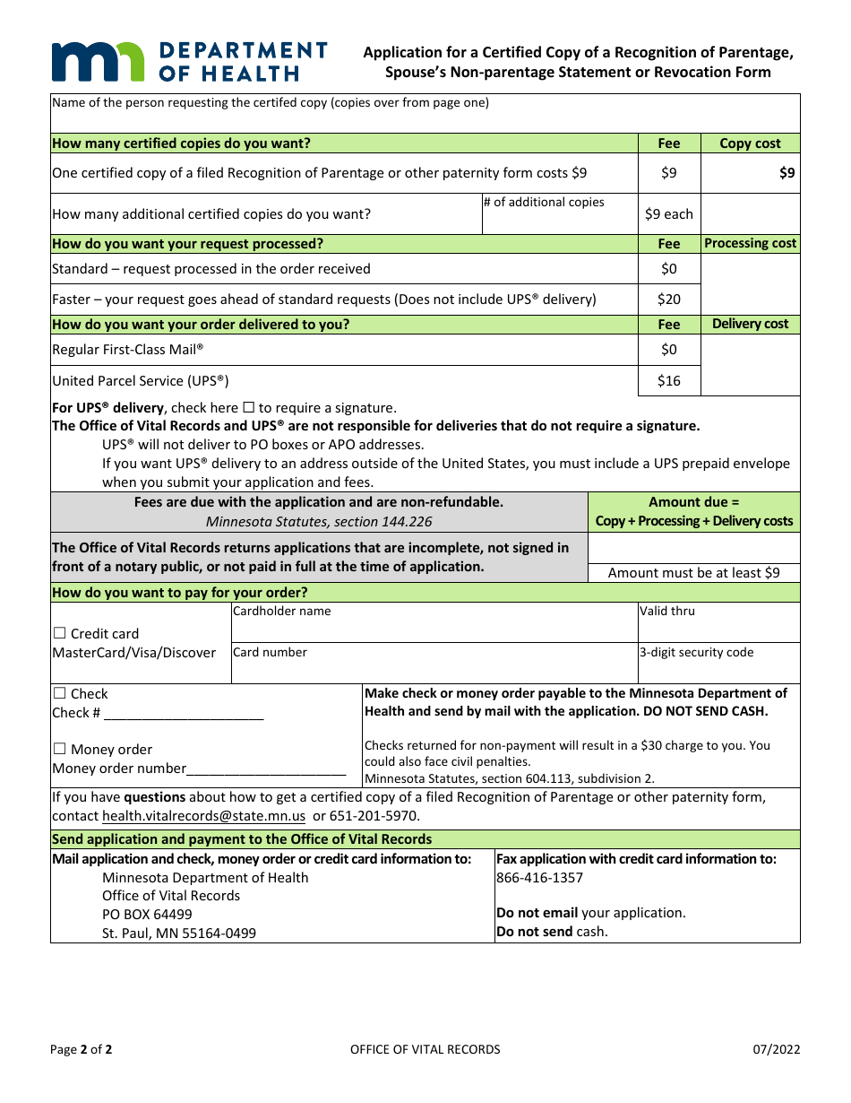 Application for Certified Copy of a Recognition of Parentage, Spouses Non-parentage Statement or Revocation Form - Minnesota, Page 2