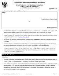 Document preview: Forme A-27 Requete En Vue D'obtenir L'autorisation D'introduire Une Poursuite - Ontario, Canada (French)