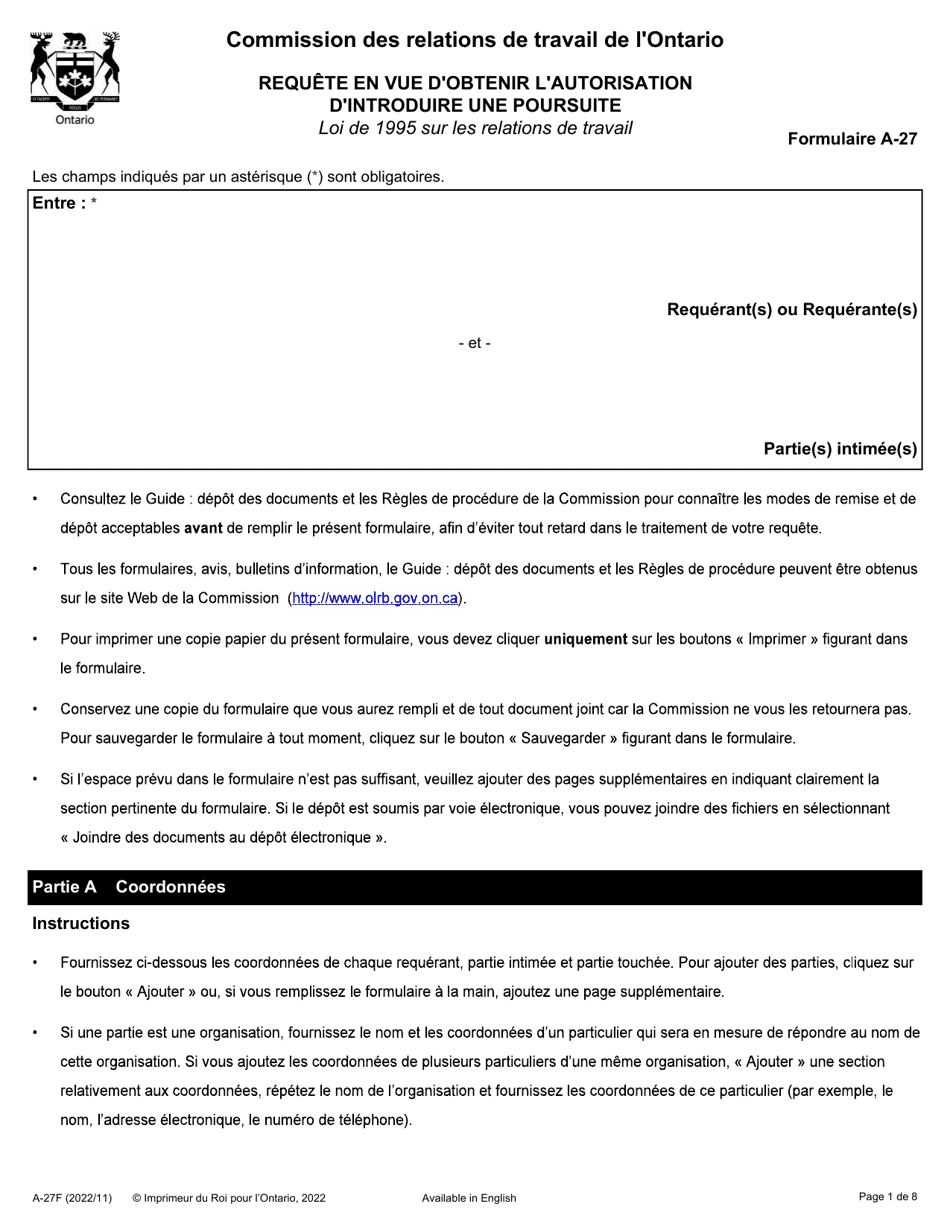 Forme A-27 Requete En Vue Dobtenir Lautorisation Dintroduire Une Poursuite - Ontario, Canada (French), Page 1