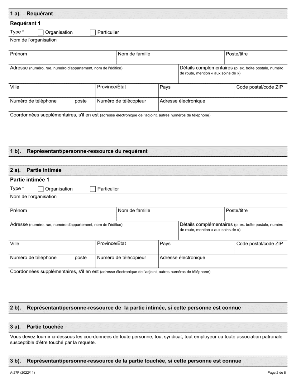 Forme A-27 Requete En Vue Dobtenir Lautorisation Dintroduire Une Poursuite - Ontario, Canada (French), Page 2