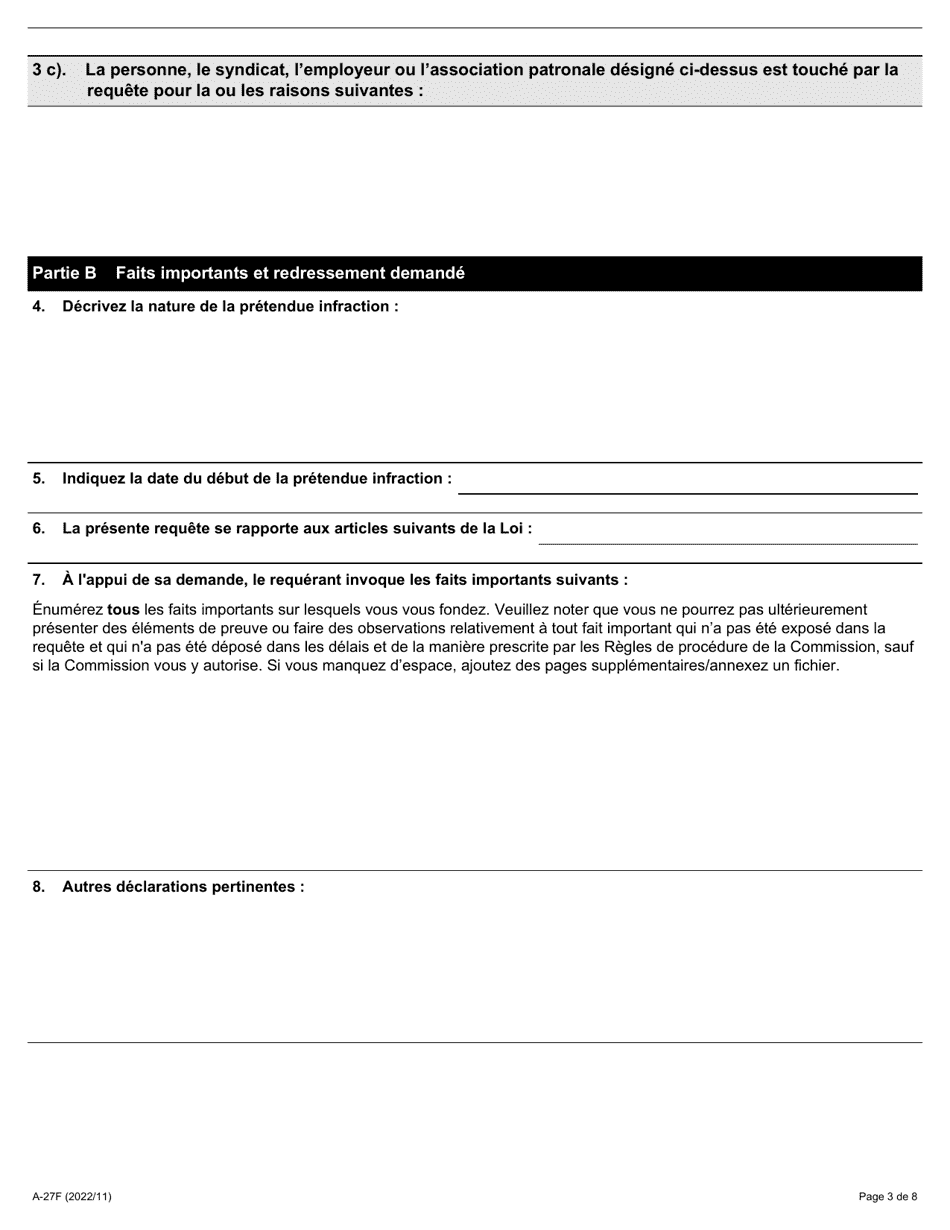Forme A-27 Requete En Vue Dobtenir Lautorisation Dintroduire Une Poursuite - Ontario, Canada (French), Page 3