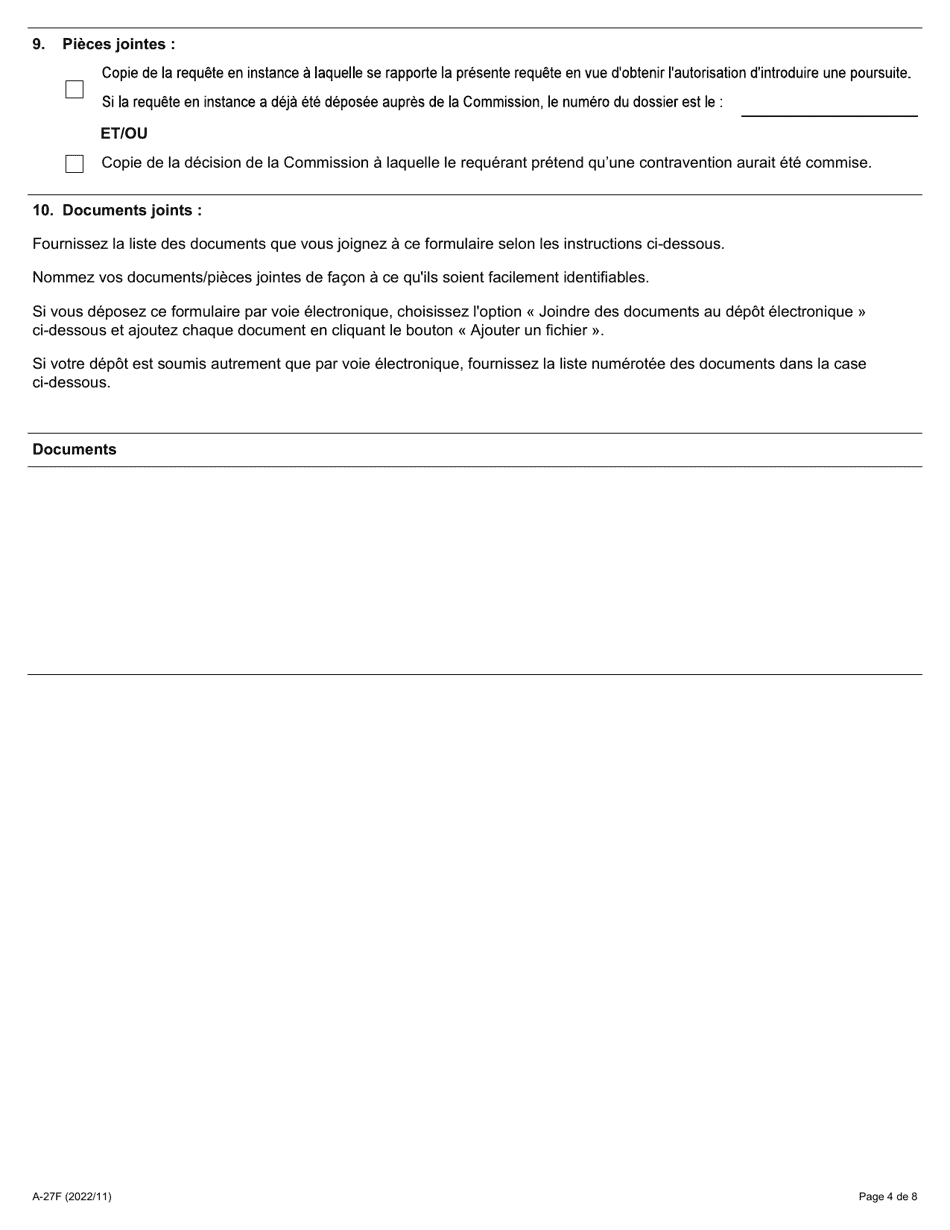 Forme A-27 Requete En Vue Dobtenir Lautorisation Dintroduire Une Poursuite - Ontario, Canada (French), Page 4