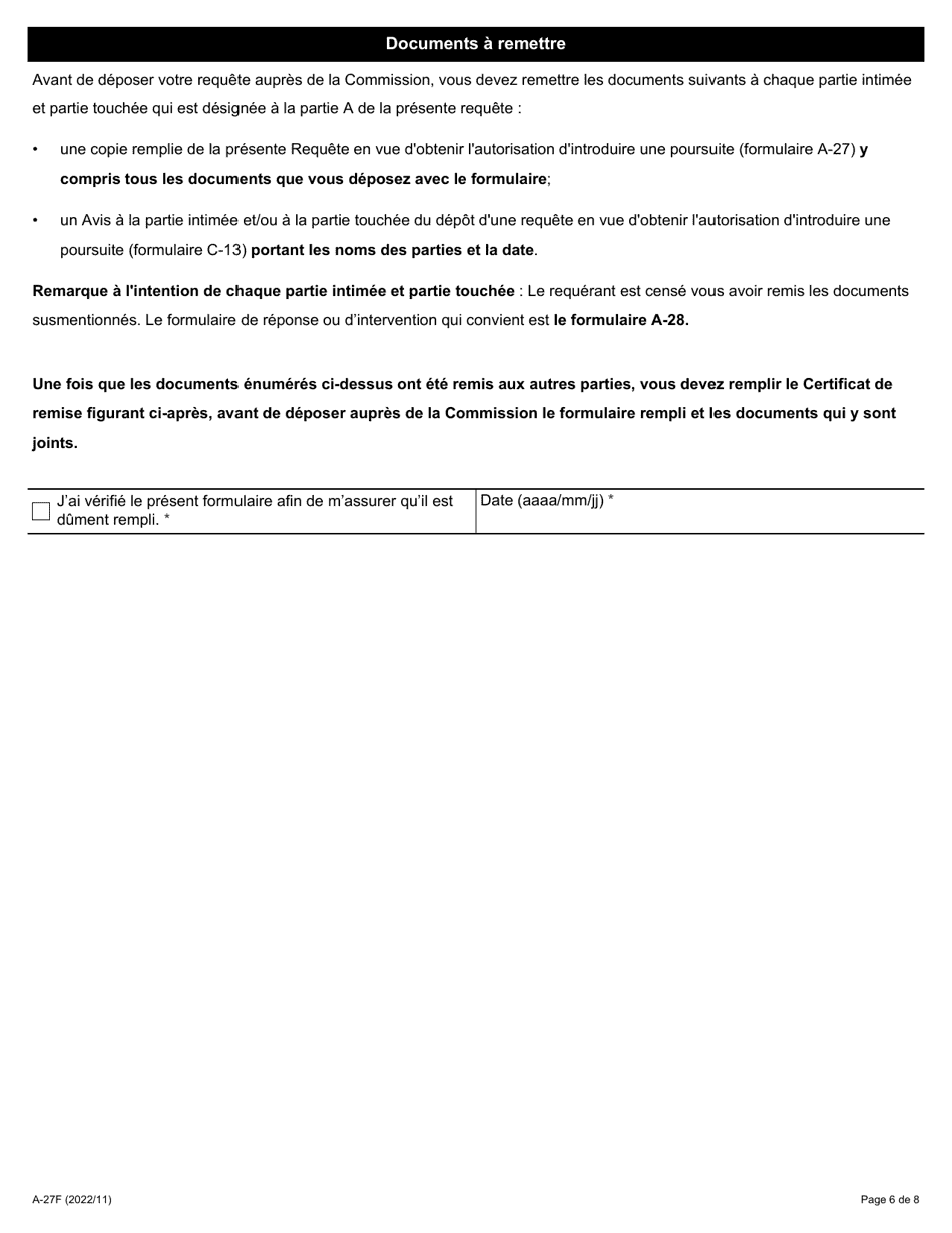 Forme A-27 Requete En Vue Dobtenir Lautorisation Dintroduire Une Poursuite - Ontario, Canada (French), Page 6