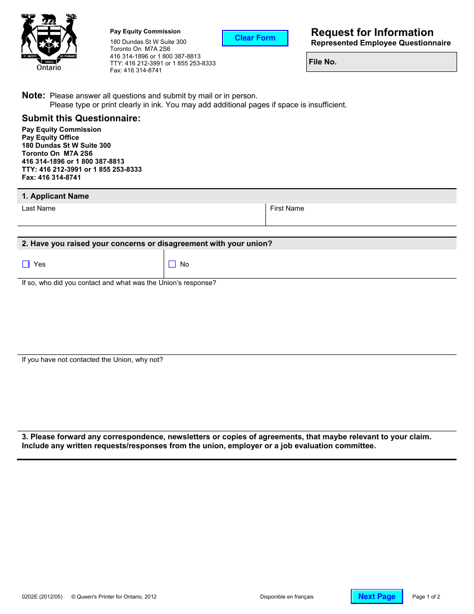 Form 0202E Request for Information - Represented Employee Questionnaire - Ontario, Canada, Page 1