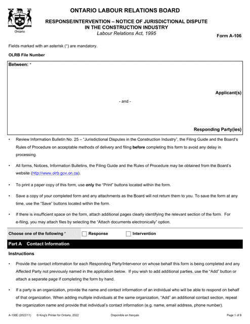 Form A-106 Response/Intervention - Notice of Jurisdictional Dispute in the Construction Industry - Ontario, Canada