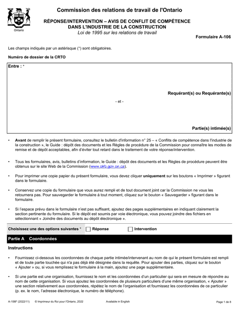 Forme A-106 Reponse/Intervention - Avis De Conflit De Competence Dans L'industrie De La Construction - Ontario, Canada (French)